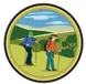 A drawing of two people hiking along a hillside.