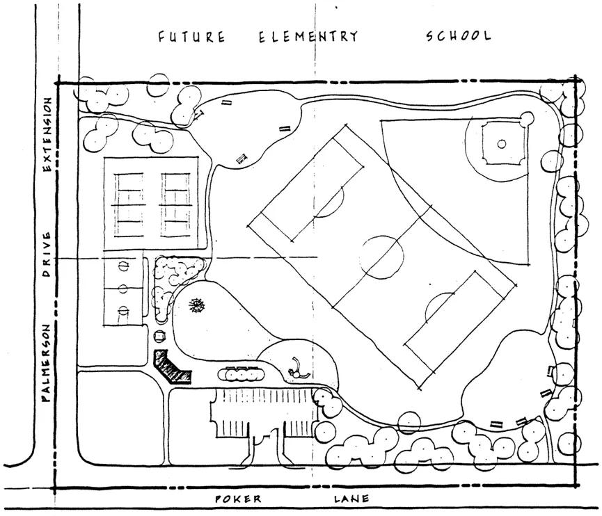 Site plan of Western Park site with parking, tennis court, basketball court, and baseball diamond.