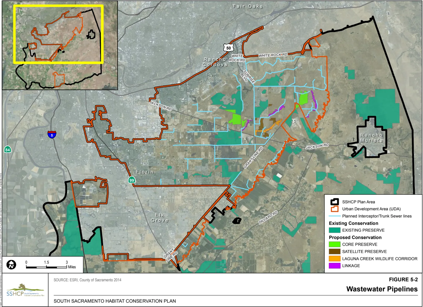 Map of the northern portion of Sacramento County showing the wastewater pipelines