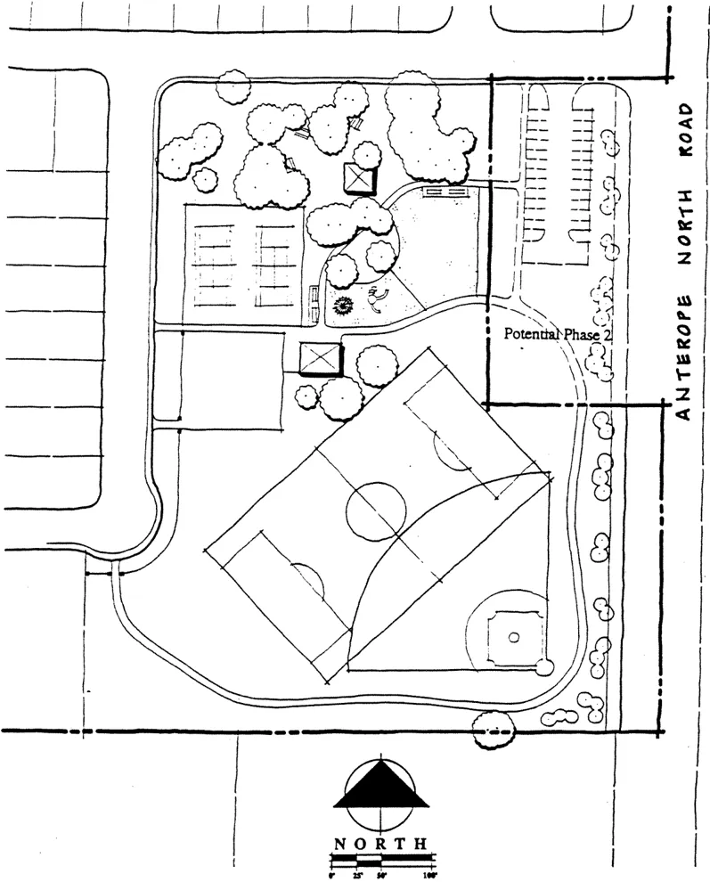 Site plan of Eastern Park site with basketball court, baseball diamond, small playground area, and potential expanded parking.