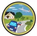 A drawing of two cars driving past a house.