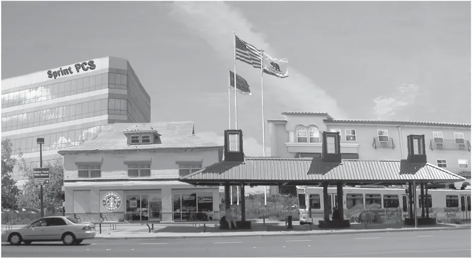 A photo simulation of the Mather Field/Mills Station developed with tranist supportive buildings.