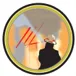 A drawing of a firefighter putting out a housefire.