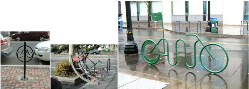 Collage of bicycle racks with unique designs