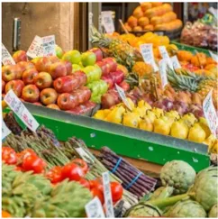 Fruit and vegetable display stands.