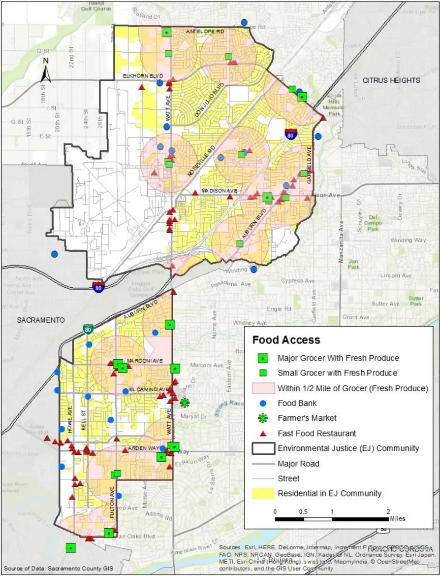 Map of the North Highlands/Foothill Farms and West Arden-Arcade communities showing food access locations.