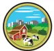 A drawing of cows lying in front of a barn against a city backdrop.