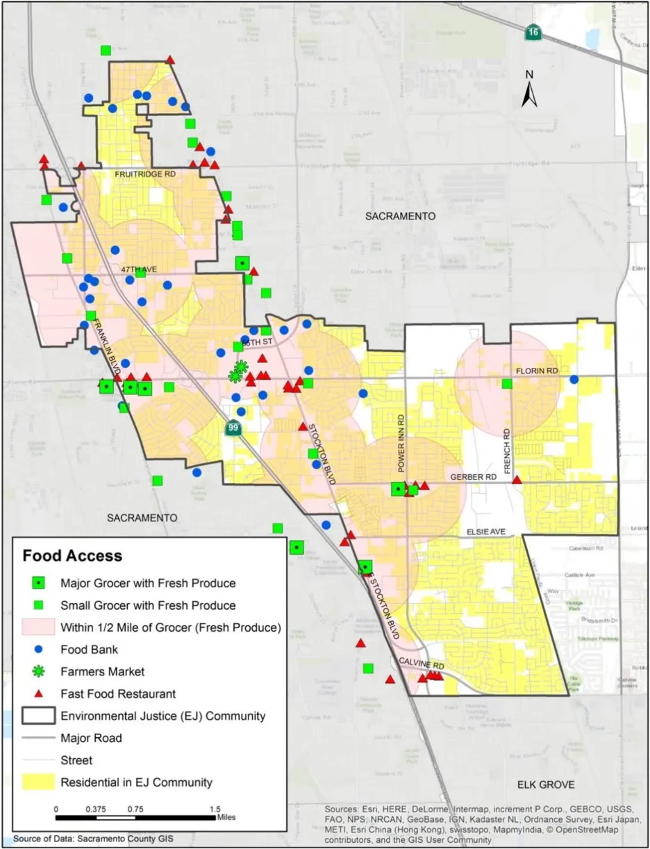 Map of the South Sacramento community showing food access locations.