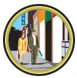 A drawing of two people walking and viewing storefront windows.