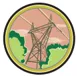 A drawing of a transmission tower and transmission lines.