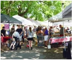 A busy farmers market with stands on either side of a park pathway.