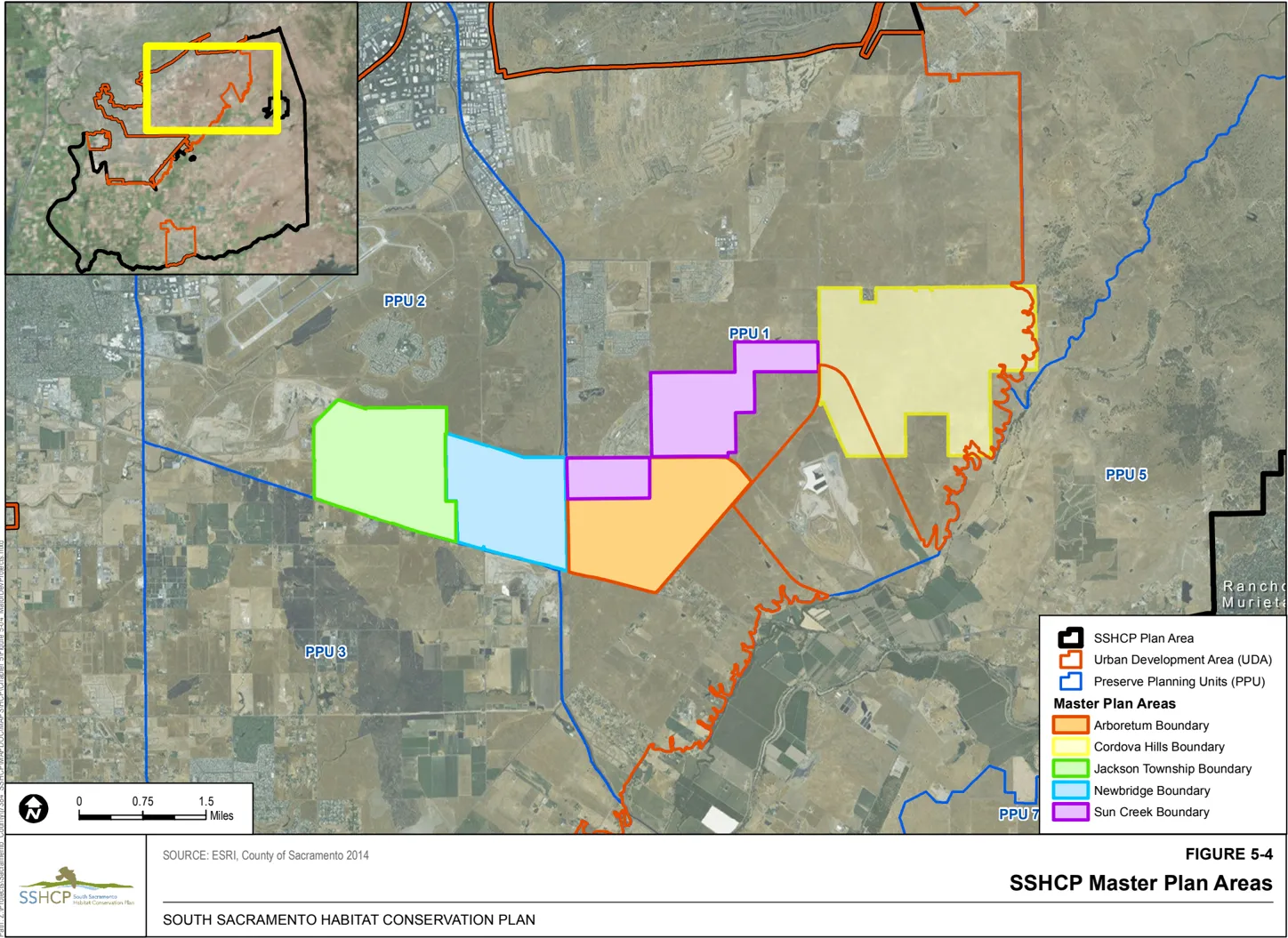 Map of Sacramento County showing the Master Plan Areas within the SSHCP.