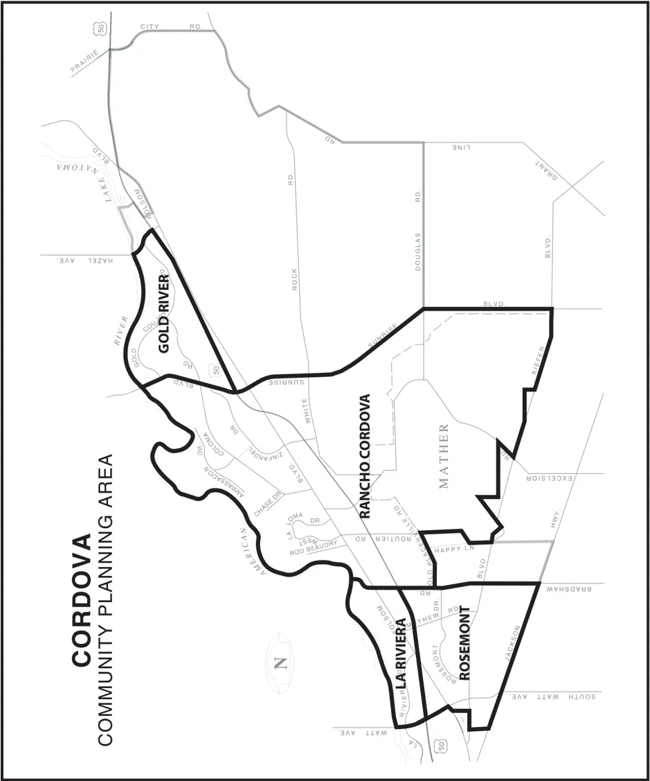 Map depicting the baoundaries of Gold River, La Riviera, Rosemont, and Rancho Cordova.