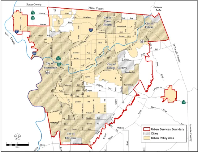 A map of Sacramento County depicting the Urban Policy Area shown in beige and the Urban Service Boundary outlined in red.