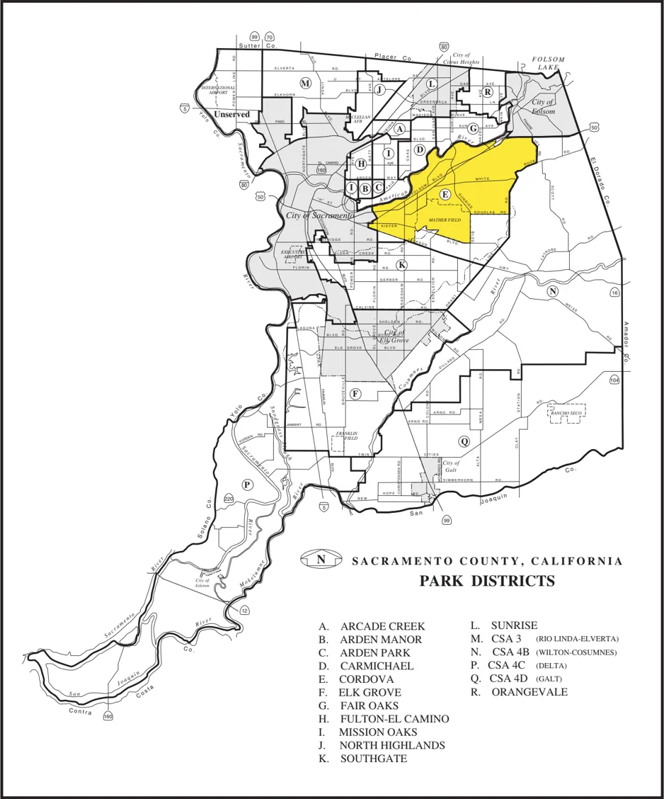 Map showing the Cordova Rec and Park District boundaries.