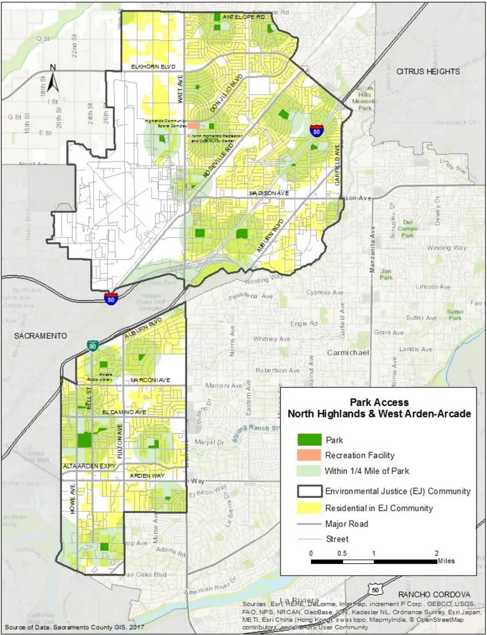 Map of the North Highlands/Foothill Farms and West Arden-Arcade communities depicting park access areas.