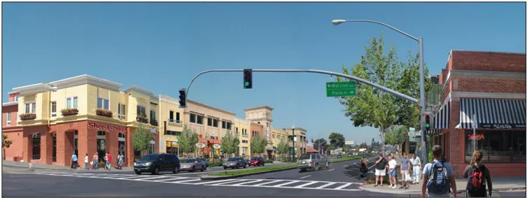 A rendering showing a street intersection with shops, people walking on the sidewalks, and cars driving down the street.