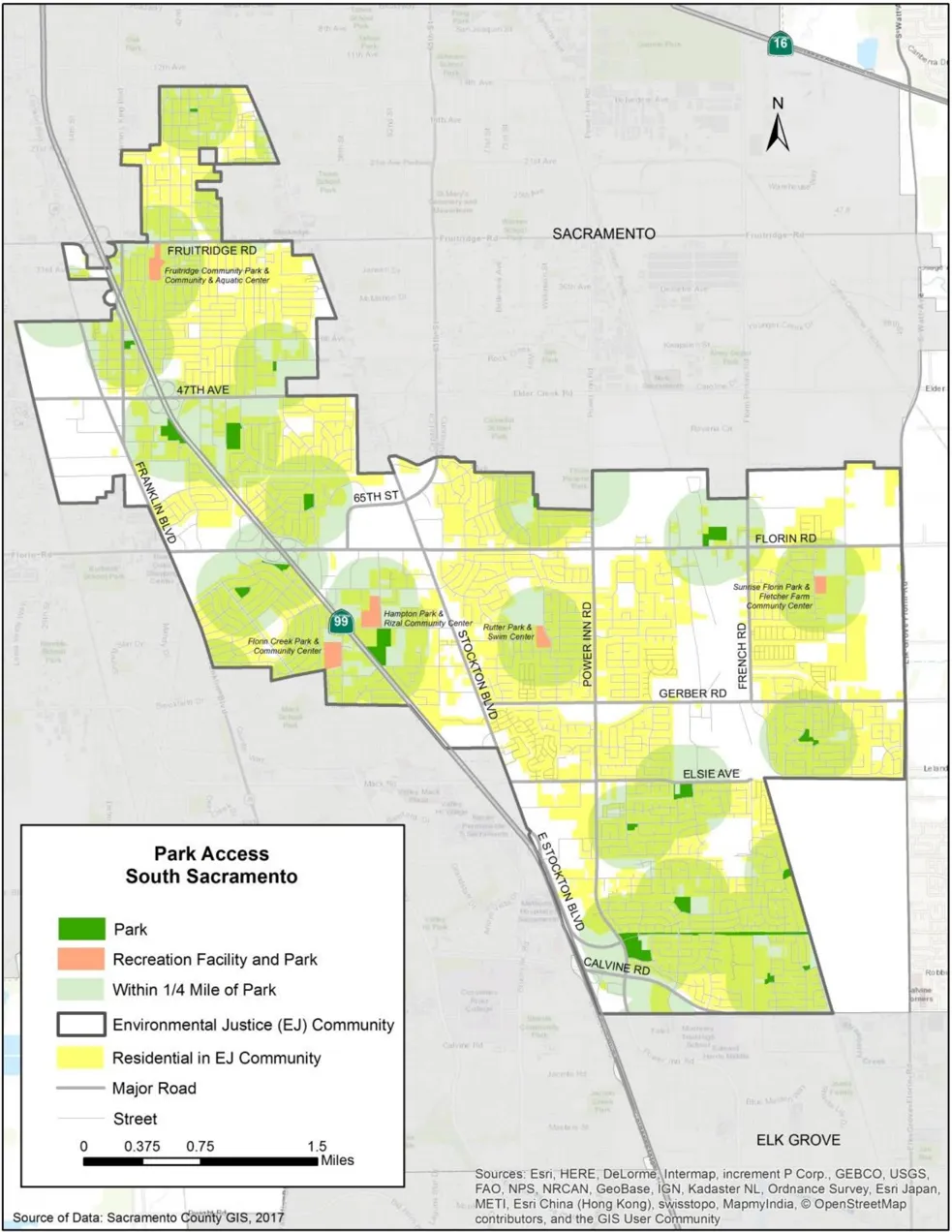 Map of the South Sacramento community depicting park access areas.