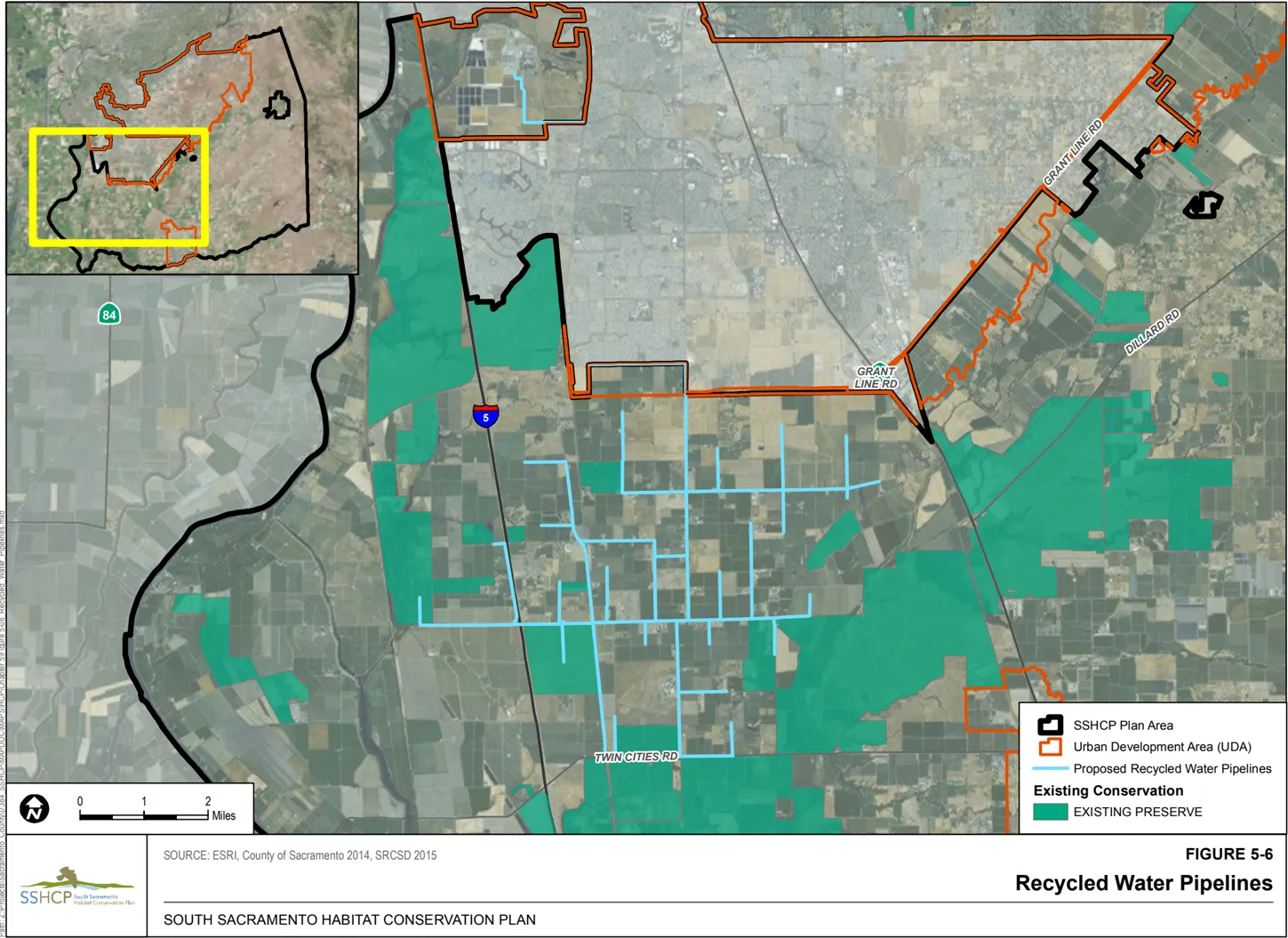 Map of the Southwestern portion of Sacramento County showing the recycled water pipelines.