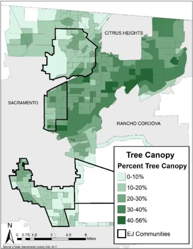 Map of EJ communities depicting percentage of tree canopy coverage.