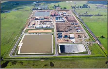An aerial view of a water treatment plant.