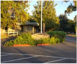 View of the Conzelmann Community Center monument side from community center entrance.