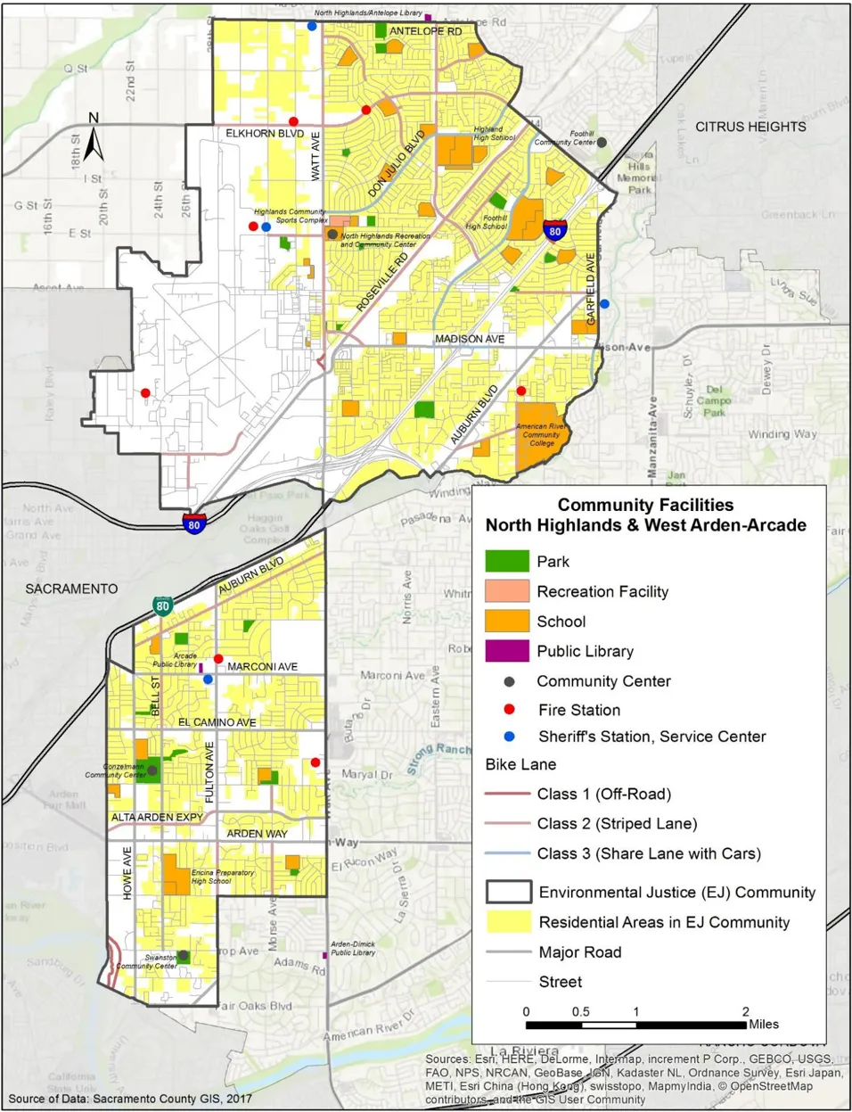 Map of the North Highlands and West Arden Arcade communities showing community facilities.