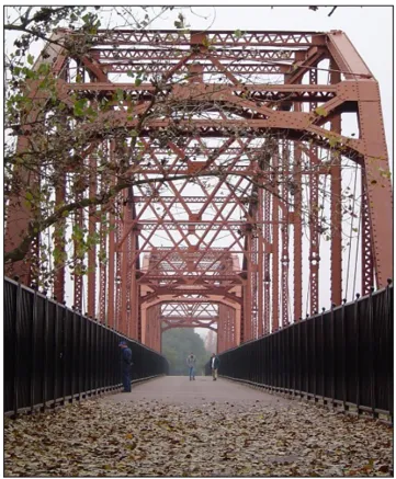People walking along a bridge.