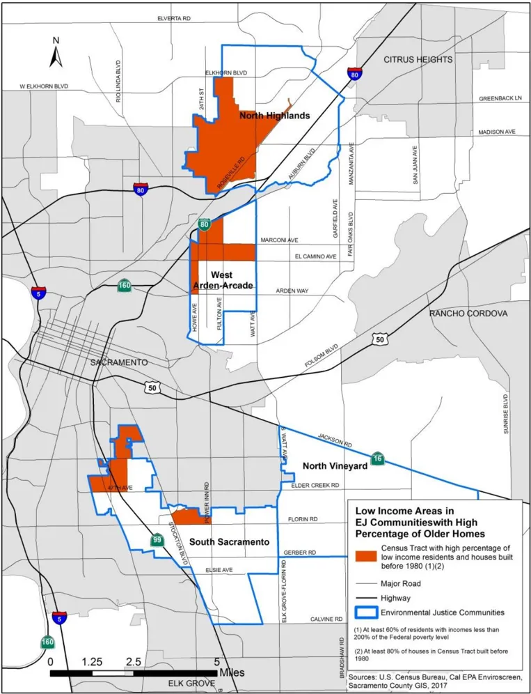 Map depicting areas in EJ communities with large number of housing needing maintenance.
