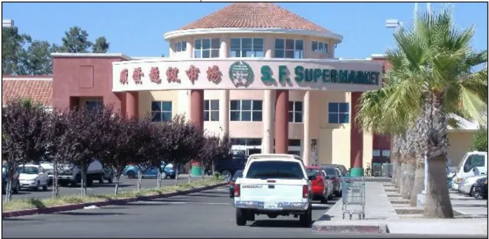 A parking lot in front of a store with a sign that reads "S.F. Supermarket."