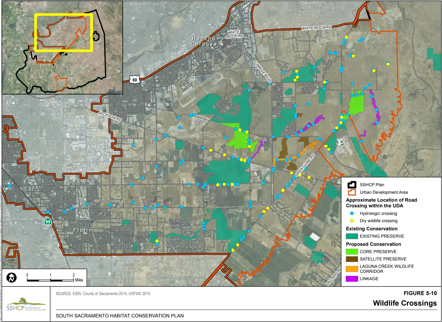 A map of Sacramento County showing the existing and proposed conservation and the wildlife crossing.