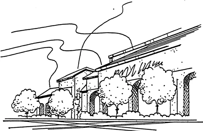 Drawing of trees visually softening the environment from a taller building behind them