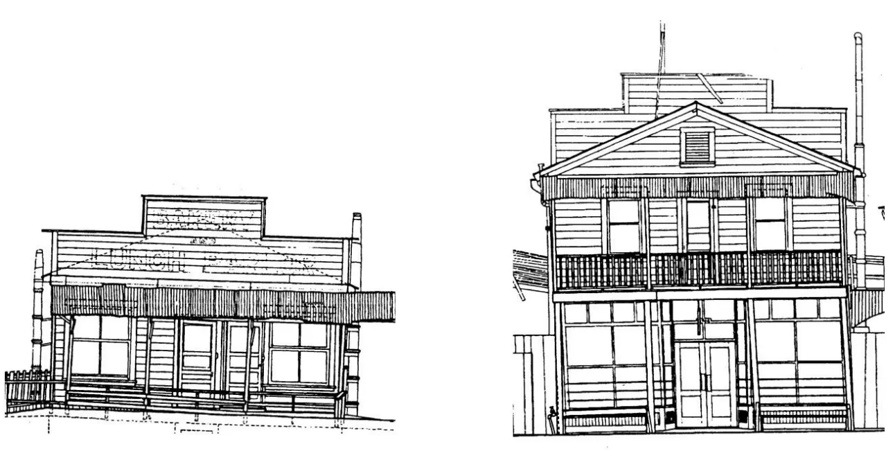 Illustration of a single-story and two-story wood storefront in Locke.