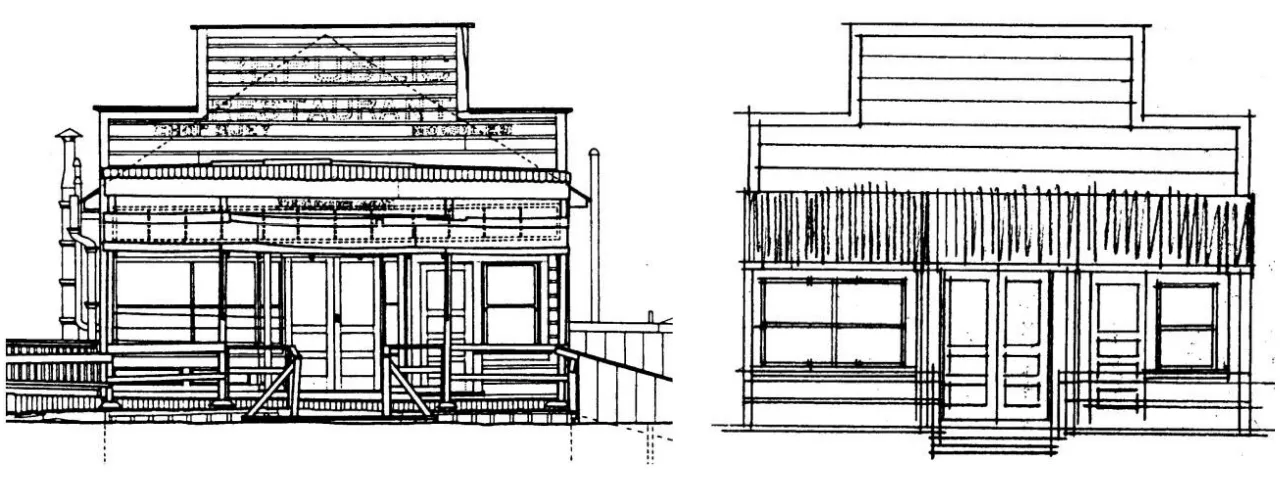 Illustration of two single-story storefronts in Locke