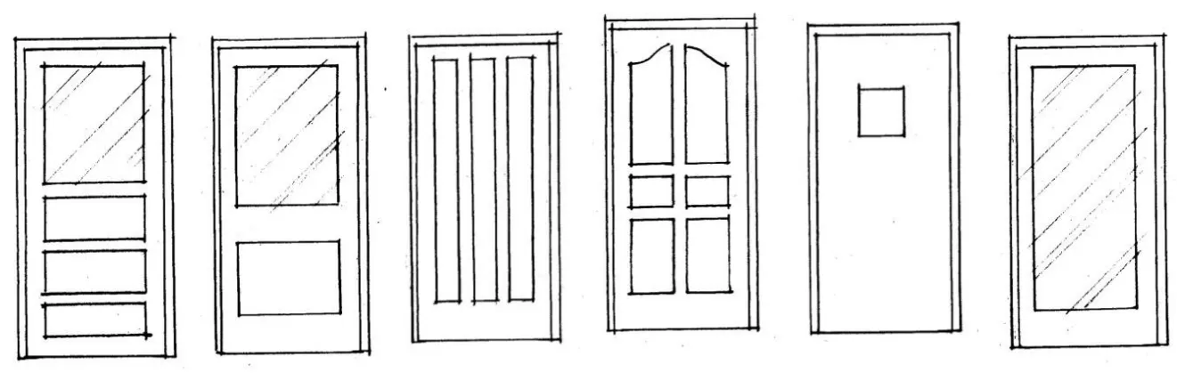 Illustration of six different door types. The left two have glass panes at the top half.