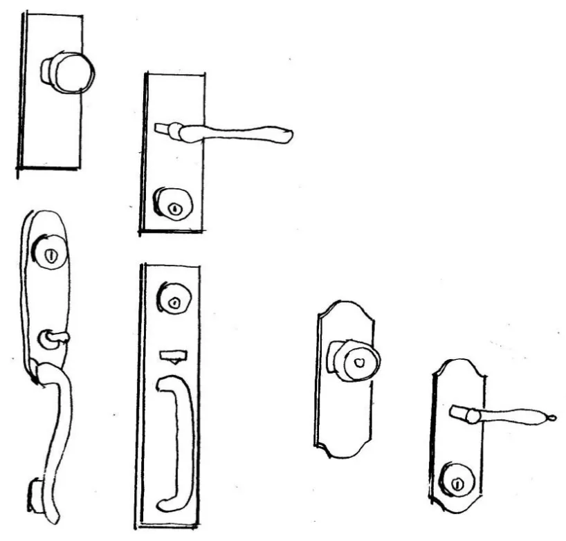 Diagram of six types of door hardware.