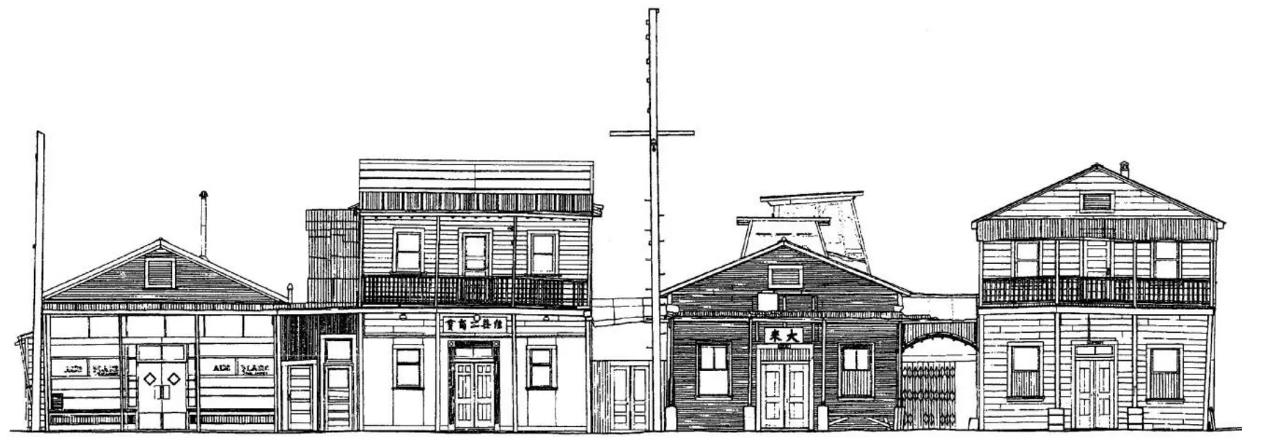 Illustration of facades across Locke with telephone pole at center.