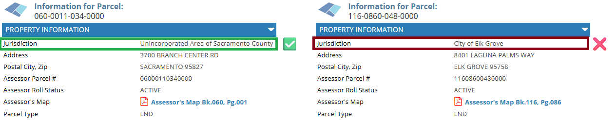 Screenshot showing, on left, a property within the unincorporated area, and, on the right, a property within Elk Grove.